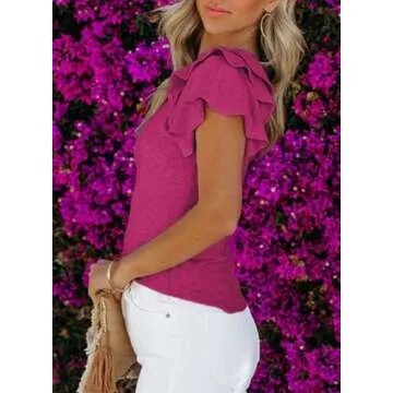 SHEWIN Womens Shirts Summer Ruffle Sleeve Crewneck Cute Ladies Tops and Blouses Rose XL