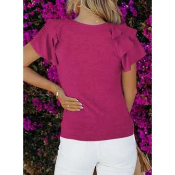 SHEWIN Womens Shirts Summer Ruffle Sleeve Crewneck Cute Ladies Tops and Blouses Rose XL