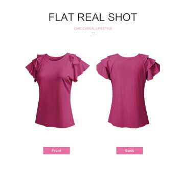 SHEWIN Womens Shirts Summer Ruffle Sleeve Crewneck Cute Ladies Tops and Blouses Rose XL