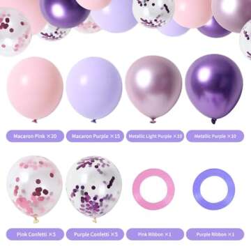RUBFAC 65 Pcs 12 Inches Pink Purplee Balloon Arch Garland Kit, Purplee Pink Confetti Balloons, Metal...