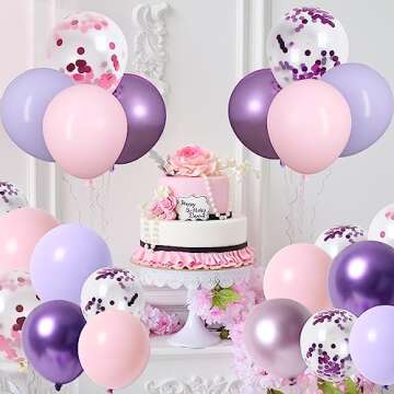 RUBFAC 65 Pcs 12 Inches Pink Purplee Balloon Arch Garland Kit, Purplee Pink Confetti Balloons, Metallic Purplee Pink Latex Balloons for Valentine's Day, Girls Birthday Baby Shower Wedding Decorations