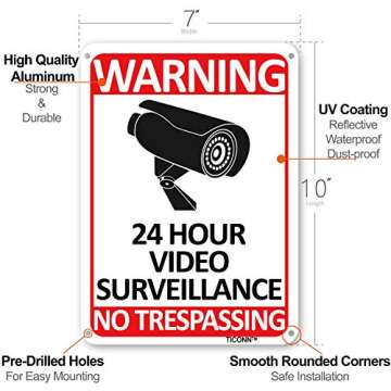 TICONN 4-Pack 24 Hour Video Surveillance Sign, No Trespassing Aluminum Warning Sign, 10’’x7’?...