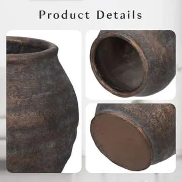 Briful 5.91'' Large Ceramic Rustic Vase Shabby Vintage Textured Vase, 4.72'' Wide Mouth Pampas Jar Vase Pottery for Fake Flowers Branches, Farmhouse Home Décor, Weddings Shelf Table Decor, Brown