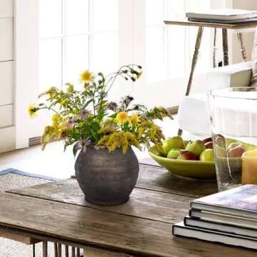 Briful 5.91'' Large Ceramic Rustic Vase Shabby Vintage Textured Vase, 4.72'' Wide Mouth Pampas Jar Vase Pottery for Fake Flowers Branches, Farmhouse Home Décor, Weddings Shelf Table Decor, Brown