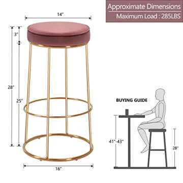 DUHOME Velvet Bar Stools Set of 2, Gold Bar Stool Kitchen Stool, Modern Counter Height Bar Stools Breakfast Dining Chairs Counter Stool 28 Inches Pink