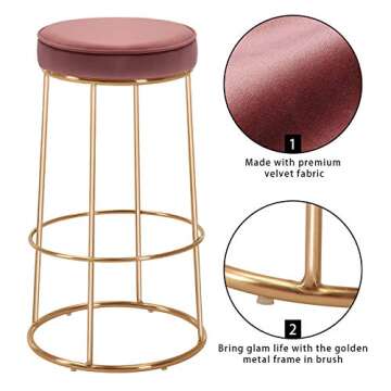 DUHOME Velvet Bar Stools Set of 2, Gold Bar Stool Kitchen Stool, Modern Counter Height Bar Stools Breakfast Dining Chairs Counter Stool 28 Inches Pink