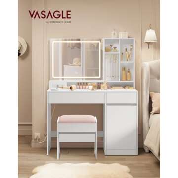 VASAGLE Vanity Desk with Mirror and Lights, Power Outlets, Vanity Table Set with Stool, Drawers, 43....