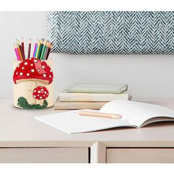 dgudgu Mushroom Pencil Holder For Desk Cute Pencil Holders & Pen Holders Resin Desk Pencil Holder Pen Organizer For Desk