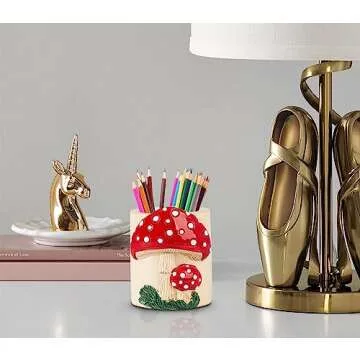 dgudgu Mushroom Pencil Holder For Desk Cute Pencil Holders & Pen Holders Resin Desk Pencil Holder Pen Organizer For Desk