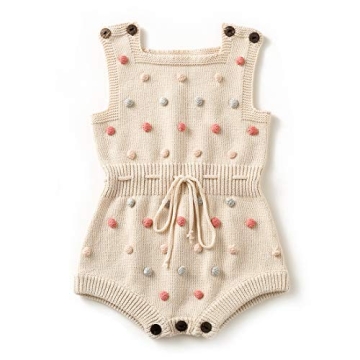 Adorable Apricot Baby Girl Romper with Pompoms - 6-12 Months