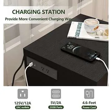 Auromie Nightstand with Charging Station and LED Lights, Concealment Furniture with RFID Lock Cabinet and Power Outlets, Bedside Table with Hidden Compartment for Valuables Storage, Black