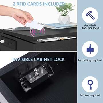 Auromie Nightstand with Charging Station and LED Lights, Concealment Furniture with RFID Lock Cabinet and Power Outlets, Bedside Table with Hidden Compartment for Valuables Storage, Black