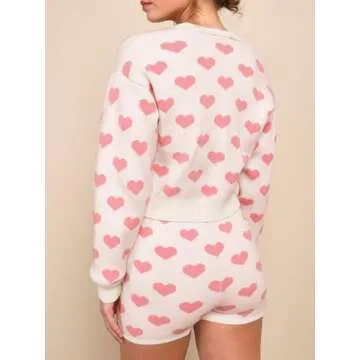 Tankaneo Womens Valentine's Day Sweater Sets Heart Knit Long Sleeve Cropped Cardigan and Shorts 2 Piece Outfits