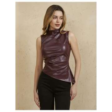 MakeMeChic Women's PU Leather Tank Top Mock Neck Y2k Ruched Party Sleeveless Leather Tops Burgundy Large
