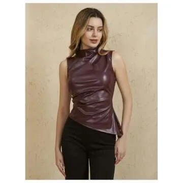 MakeMeChic Women's PU Leather Tank Top Mock Neck Y2k Ruched Party Sleeveless Leather Tops Burgundy Large