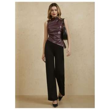 MakeMeChic Women's PU Leather Tank Top Mock Neck Y2k Ruched Party Sleeveless Leather Tops Burgundy Large