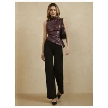 MakeMeChic Women's PU Leather Tank Top Mock Neck Y2k Ruched Party Sleeveless Leather Tops Burgundy Large