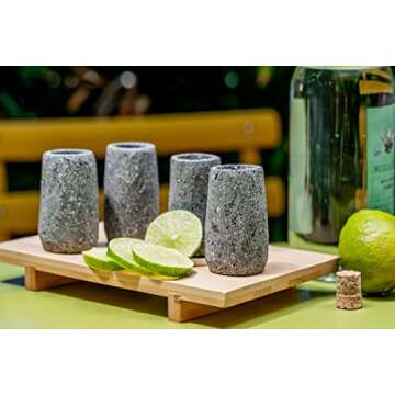 MEXTEQUIL - Volcanic Stone Shot Glasses - Set of Natural Shot Glass - 1.5 Oz - 100% Organic & Eco friendly - Natural Basalt Rock (4 pieces) (Round)