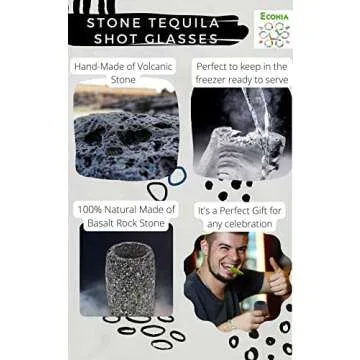 MEXTEQUIL - Volcanic Stone Shot Glasses - Set of Natural Shot Glass - 1.5 Oz - 100% Organic & Eco friendly - Natural Basalt Rock (4 pieces) (Round)