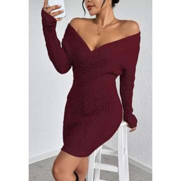 Pink Queen Women's Long Sleeve Wrap Sweater Dress V Neck Knit Ribbed Bodycon Mini Dresses Dark Red S