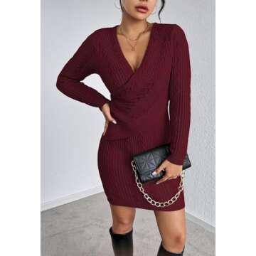 Pink Queen Women's Long Sleeve Wrap Sweater Dress V Neck Knit Ribbed Bodycon Mini Dresses Dark Red S