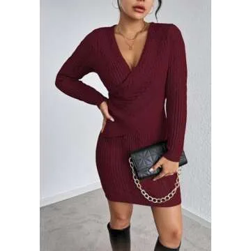 Pink Queen Women's Long Sleeve Wrap Sweater Dress V Neck Knit Ribbed Bodycon Mini Dresses Dark Red S