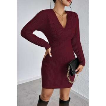 Pink Queen Women's Long Sleeve Wrap Sweater Dress V Neck Knit Ribbed Bodycon Mini Dresses Dark Red S