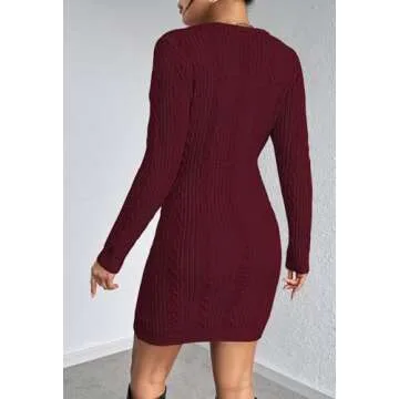 Pink Queen Women's Long Sleeve Wrap Sweater Dress V Neck Knit Ribbed Bodycon Mini Dresses Dark Red S