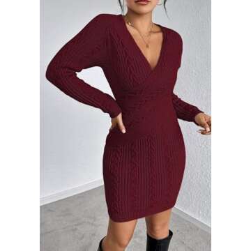 Pink Queen Women's Long Sleeve Wrap Sweater Dress V Neck Knit Ribbed Bodycon Mini Dresses Dark Red S