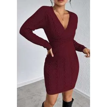 Pink Queen Women's Long Sleeve Wrap Sweater Dress V Neck Knit Ribbed Bodycon Mini Dresses Dark Red S
