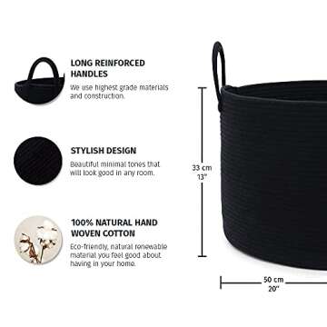 OrganiHaus Black Basket for Storage 20x13, Big Basket for Blankets for Living Room, Round Laundry Ba...