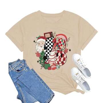 Merry Christmas Shirts for Women Santa Holiday Short Sleeve Tops Merry and Bright Shirt Holiday Tee ...