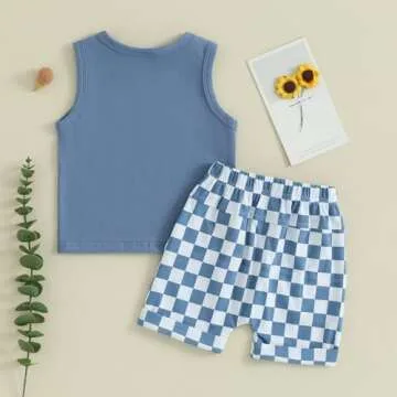 Amiblvowa Toddler Baby Boy Summer Clothes Tank Cami Sleeveless Top Checkerboard Shorts Set Infant Ne...