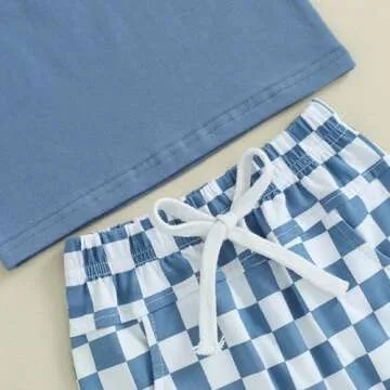 Amiblvowa Toddler Baby Boy Summer Clothes Tank Cami Sleeveless Top Checkerboard Shorts Set Infant Newborn 2 Piece Casual Outfit (Plaid Blue, 0-6 Months)