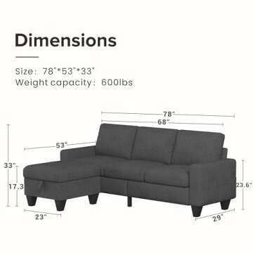 Lonkwa 78'' Convertible Sectional Sofa Couch, Dark Grey 3 Seat L-Shaped Couch with Storage Ottoman, ...