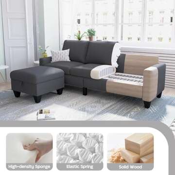 Lonkwa 78'' Convertible Sectional Sofa Couch, Dark Grey 3 Seat L-Shaped Couch with Storage Ottoman, Modern Linen Fabric Couches for Living Room, Apartment, Office, Small Space