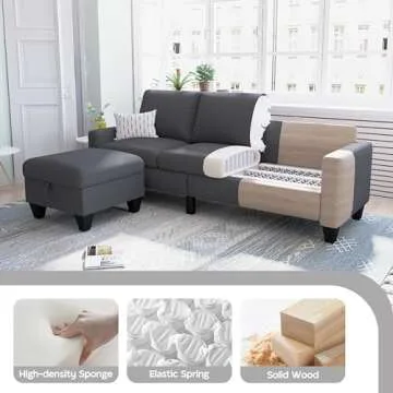 Lonkwa 78'' Convertible Sectional Sofa Couch, Dark Grey 3 Seat L-Shaped Couch with Storage Ottoman, Modern Linen Fabric Couches for Living Room, Apartment, Office, Small Space