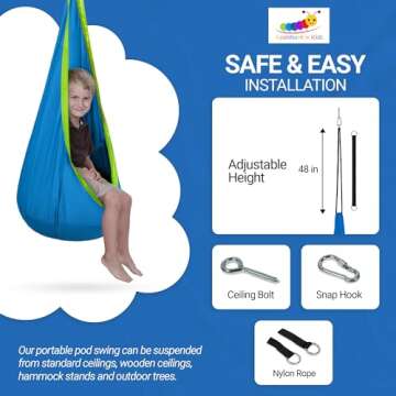 Appomattox Kids Child Hanging Pod Swing Chair with Pocket, Hanging Hammock Cocoon, Indoor and Outdoor Fun, Reading Nook, Sensory Autism Therapy, Easy to Hang Comfortable Nest, Girls and Boys (Blue)