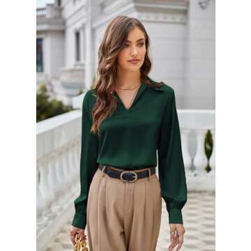 GRACE KARIN Women's Satin Silk Blouse - Elegant Casual Work Top in Dark Green