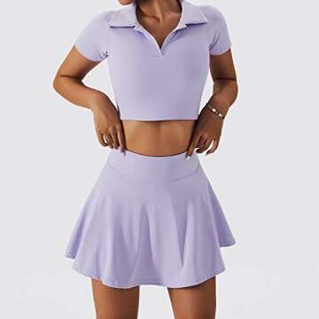 2 Piece Tennis Dresses for Women Athletic Workout Dress with Shorts and Pockets V Neck Short Sleeve Crop Top Tennis Skirt Outfits Purple Small
