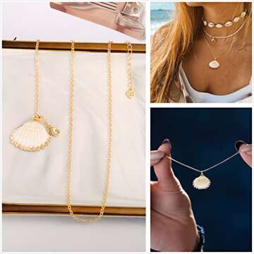 POTESSA Natural Shell Pendant Choker Necklace 18K Gold Plated Cable Chain Adjustable Seashell Necklace for Women Beach