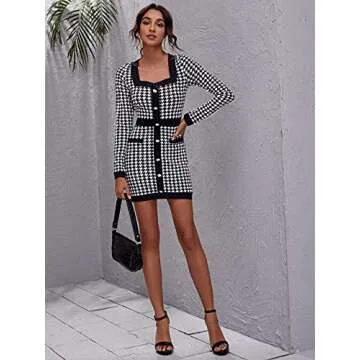 MakeMeChic Women's Houndstooth Long Sleeve Button Front High Waist Stretch Mini Bodycon Pencil Dress Black and White S