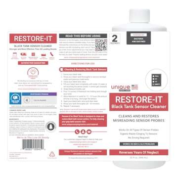 Unique Restore-It RV Black Tank Sensor Cleaner Liquid - Cleans and Restore Misreading Sensor Probes by Removing Stuck-On Waste - 2 Treatments Per Bottle (32 oz)