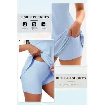 Vertvie Women's Tennis Dress with Built-in Shorts & Bra Workout Backless Golf Dress Activewear Exercise Dresses with Pockets (Blue,Large)