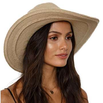 SHU-SHI Womens Floppy Sun Hats Wide Brim Crochet Cotton UV UPF Boho Hat Tan