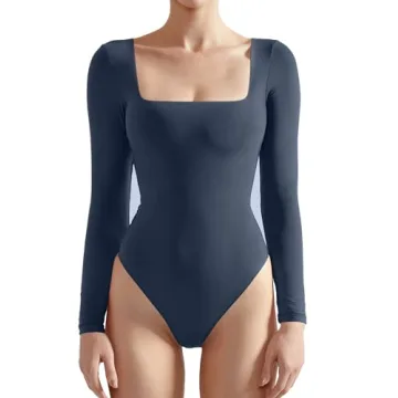 SUUKSESS Women Long Sleeve Bodysuit Sexy Square Neck Thong Body Suit Shirts Top for Fall and Winter ...