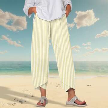 DMOYALA Women's Wide Leg Linen Pants 2025 Summer Trendy Plus Size Striped Pants with Pockets Cotton ...