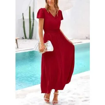 PRETTYGARDEN Women's Summer Maxi Dresses 2025 Trendy Casual Button V Neck Ruffle Cap Sleeve Long Flowy Pleated Dress (Jujube Red,Medium)