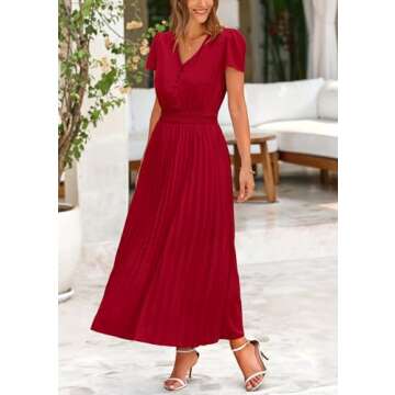 PRETTYGARDEN Women's Summer Maxi Dresses 2025 Trendy Casual Button V Neck Ruffle Cap Sleeve Long Flowy Pleated Dress (Jujube Red,Medium)