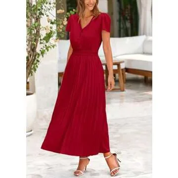 PRETTYGARDEN Women's Summer Maxi Dresses 2025 Trendy Casual Button V Neck Ruffle Cap Sleeve Long Flowy Pleated Dress (Jujube Red,Medium)